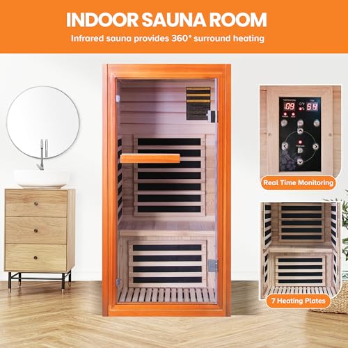 Image of OUTEXER Far Infrared Sauna Dry Saunas 1065W Indoor Home Sauna Low EMF 110V with Control Panel 7 Color Light 31.5 inchx31.5 inchx63 inch