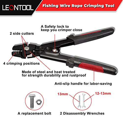 LEONTOOL Fishing Wire Rope Crimping Tool with Wire Cutters 10-Inch Heavy Duty Cable Crimping Tool Aluminum Crimping Sleeves Fishing Crimping Tool for Copper Aluminum Wire Loop Sleeve 0.1mm-2.2mm - Image 2