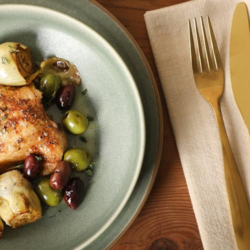 Image of Gibson Elite Octavia Place 16 Piece Stoneware Dinnerware Set, Service for 4, Coupe Modern Plates & Bowls, Reactive Glaze Finish, Green, Microwave & Dishwasher Safe