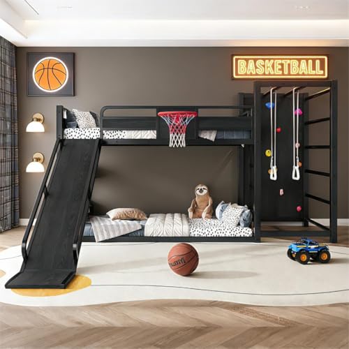 Image of Bellemave Bunk Bed Twin Over Twin with Slide, Basketball Hoop & Climbing Wall, Heavy Duty Metal Twin Bunk Beds for Kids with Guardrails, Low Bunk Bed for Bedrooms, No Box Spring Needed, Black