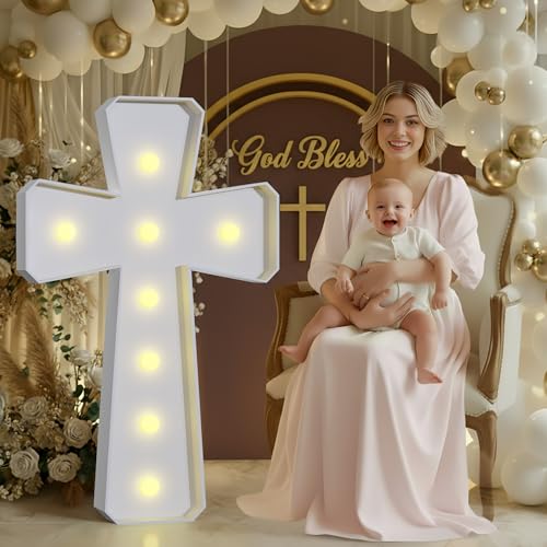 imprsv Baptism Decorations Light Up Cross 3FT Marquee Cross Warm Light