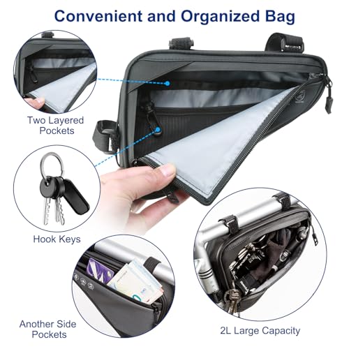 2L Bike Frame Storage Bag with Water Resistant Reflective ,Bike Tire Repair Tool Kit,Mini Bike Pump,16 in 1 Multitool & Bicycle Tyre Lever Patch Repair Tool Accessories Set for Mountain Road Bike, MTB