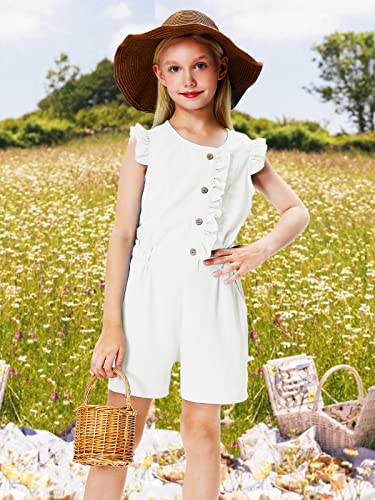 Sleeveless Button Rompers For Girls Solid White Summer Short Pants Casual Ruffled Jumpsuit 11-12 Years #TOP5