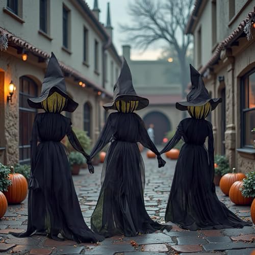 Halloween Witch Decorations Outdoor - 5 FT Set of 3 Light Up Holding Hands Witches Stakes with Glowing Faces Sound-Activated Screaming Sensor Waterproof Life Size Scary Halloween Yard Decorations