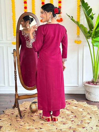 Image of Shiv Textiles Women's Chanderi Silk Embroidered Kurta Pant Dupatta Set(JDA-SACHI-WINE-2XL)