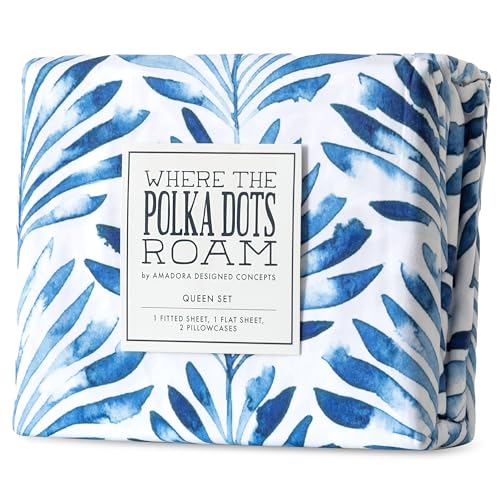 Where The Polka Dots Roam Blue Indigo Palms Floral Bedsheet Full Size, Super Soft Wrinkle Resistant Tropical Leaves Pattern Bedding Set, Vibrant Solid Print All-Season Bed Sheets for Girls, Teens