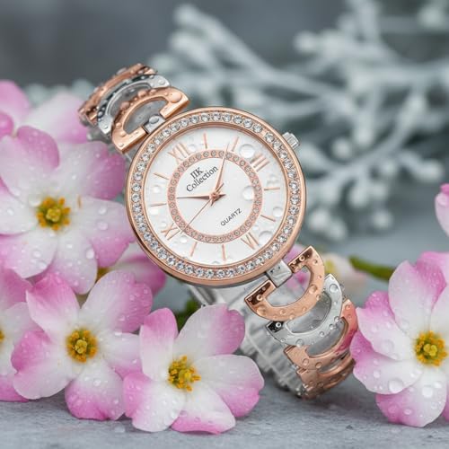 Image of IIK COLLECTION Watches for Women Round Studded Dial |Analogue Quartz Movemnet Ladies Watch|Long Battery Life|Stainless Steel Adjustable Bracelet Chain Strap|Double Lock Clasp Safety Watches for Girls