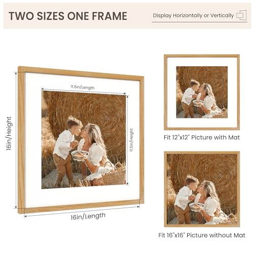 Image of FLYJOE 16x16 Oak Wood Square Picture Frame with Mat for 12x12, 16 by 16 USA-Sourced Natural Solid Wooden Photo Frame for Wall Display, Tempered Real Glass, Hanging Hardware Included, 3 Pack, Natural