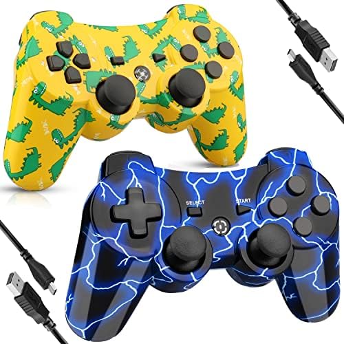 YU33 2 Pack Wireless Controller Works for PS3 Controller, Control for Playstation 3 Controller Wireless, Remote/Mando/Controles de pa3 with Charging Cable, 2023, New Yellow Dinosaur and Lightning Blue