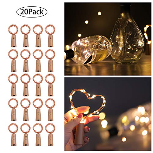 Bottle Lights, 20 Pack AIBOO 20 LEDs Fairy Decor Cork Wine Bottle Mini String Lights, Battery Operated 2M Copper Wire Lights DIY for Christmas Party, Wedding and Birthday Party (Warm White)