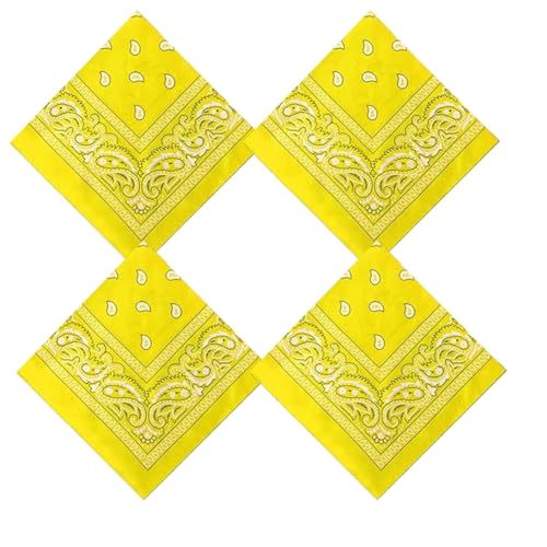 CLOSOCKEY 4PCS Colored Bandana for Women Men Paisley Pattern Square Cowboy Multi-purpose Headband Hair Scarf Handkerchief Head Wrap (Yellow)