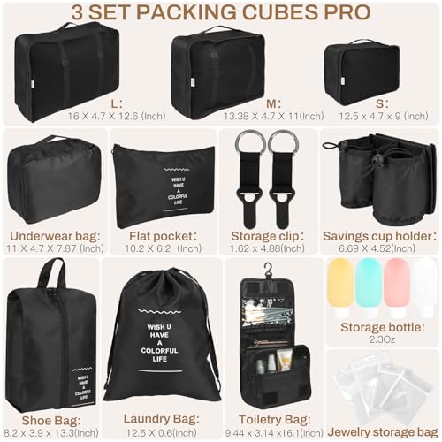 19 Set Packing Cubes for Travel,Mesh Breathable Travel Packing,Suitcase Organizer Bags in 4 Sizes,Carry-On Luggage Accessories with Large Laundry & Toiletry Bag,Luggage Organizer Bags(Black)2