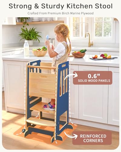 Image of WINGYZ Toddler Tower - Anti-Tip Natural Wood Learning Stool Helper for Kids 18M-6Y, 150lb Capacity Kitchen Stool with 3-Height Adjustable Platform and Sliding Door Access, 20lb Portable Design, DK BLU