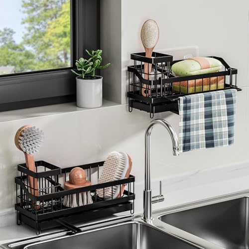 Miniatura 4 de Umilki Soporte Esponjo Fregadero, Resistente Al Óxido Organizador De Fregadero Con Bandeja De Goteo Extraíble, Toallero, Organizador Cocina Fregadero Para Artículos De Tocador Utensilios De Cocina
