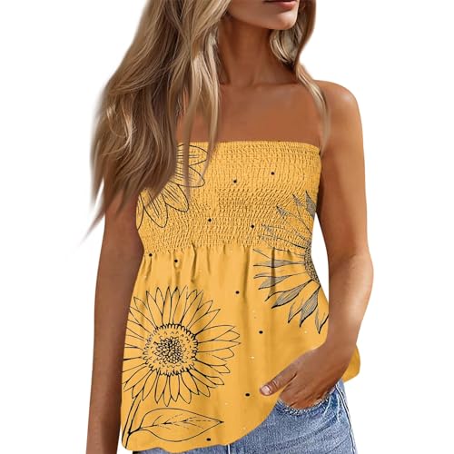 Womens Tube Tops Summer Strapless Bandeau Tank Casual Loose Tunic Sleeveless Shirts Off the Shoulder Flowy Blouses