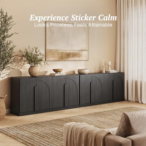 Image of BELLEZE Set of 2 Bijou 64 inch Modern Buffet Sideboard, Mid-Century Arch Carved Wood Door Cabinet, Textured Storage Console for Living Room, Kitchen, Entryway - Ebony