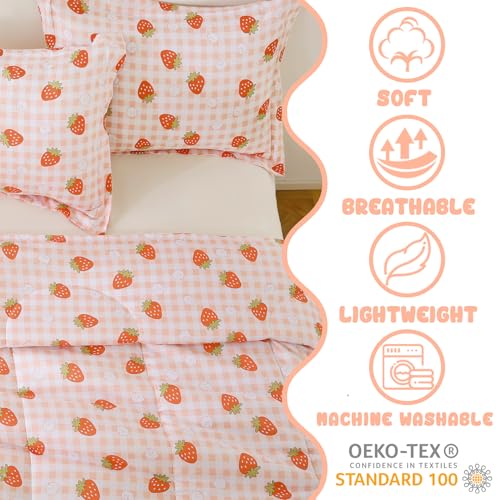 Image of Yibeizi Strawberry Comforter Set Full Size Girls Gingham Bedding