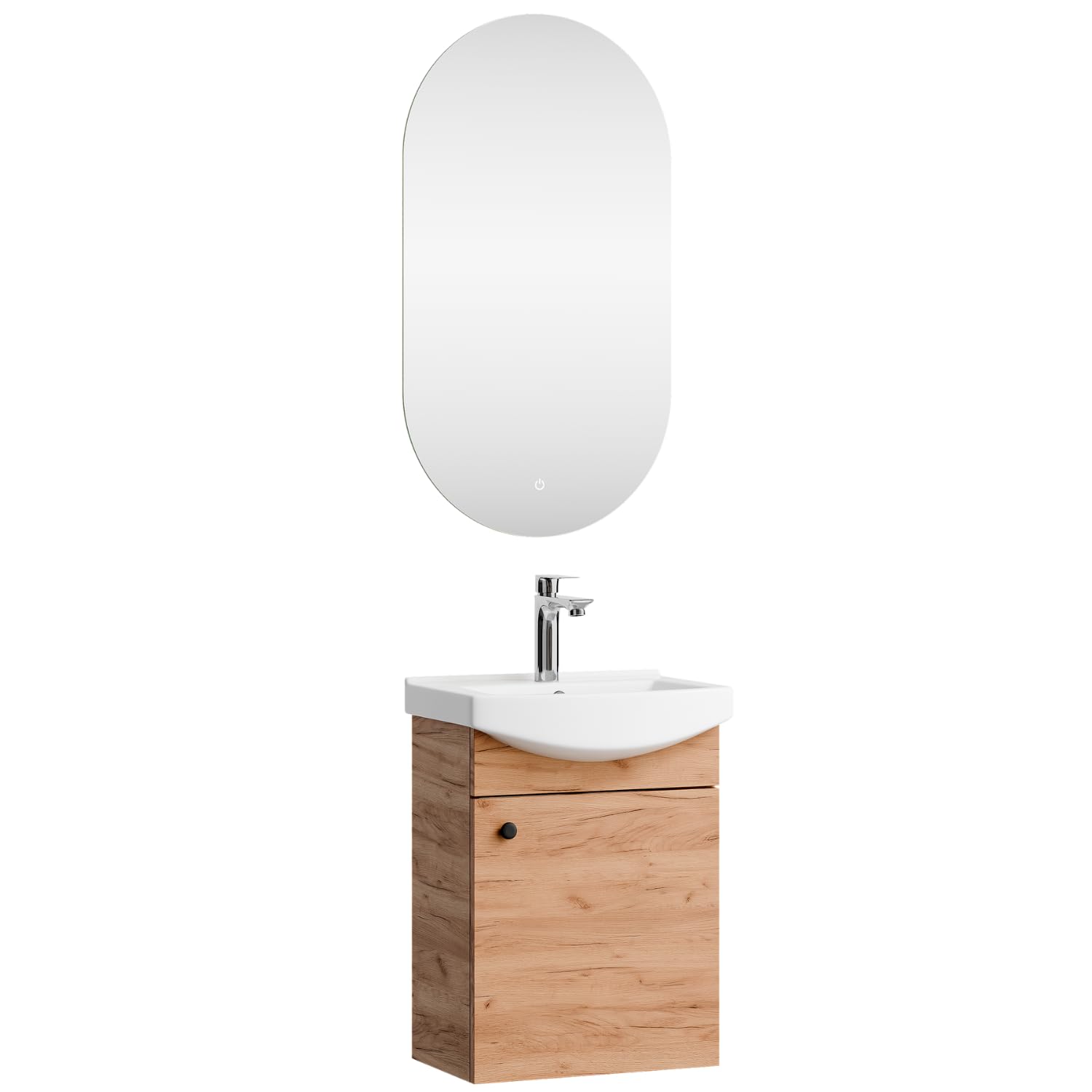 Planetmöbel Badmöbel Set Waschtisch mit Unterschrank 45 x 60 x 33 cm, Spiegel mit Beleuchtung 50 x 90 cm für Badezimmer, Gäste WC & Bad, Gold Eiche