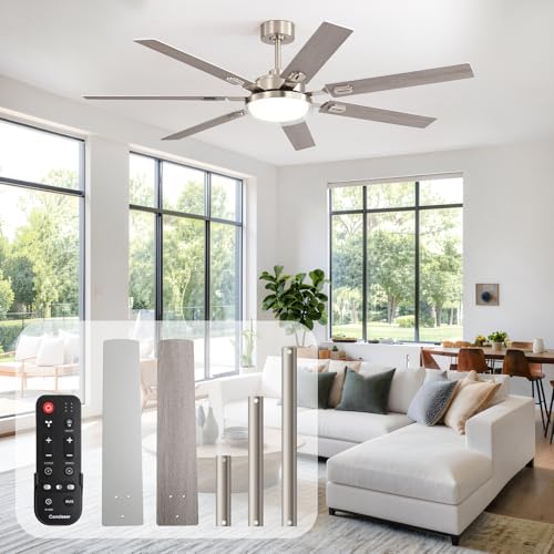 Image of 64 Inch Ceiling Fans with Lights and Remote,Living Room Office Library Cafe Outdoor, 5CCT Dimmable, Dual Color 7 Blades, 6 Speed Reversible Quiet DC Motor, Dual-Layer Shade, Sand-nickel /Wood Grain