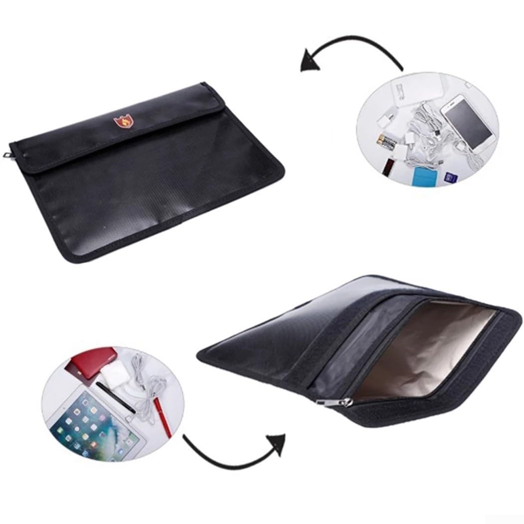 Borsa portadocumenti ignifuga, resistente al fuoco, sicura per oggetti di valore, organizer impermeabile in fibra di vetro con strato di blocco del segnale, grande capacità, nero, 30,5 x 21 cm