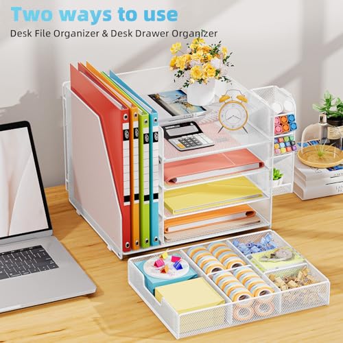 Marbrasse Schreibtisch Organizer mit Aktenhalter,4-Tier Briefablage Ablagefächer,Fachschubladen,Hängen Stifthalter,Mesh Schreibtisch Papier Ablage für HausBüro Bedarf Dokumentenablage (Weiß)