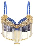 YEAHDOR Top Corto de Danza del Vientre para Mujer Sujetador de Danza Cuello Halter Crop Top con Lentejuelas Brillantes Disfraz de Bailaina Árabe Azul Real M
