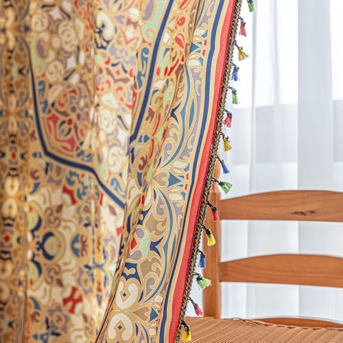 Image of Gold Medallion Curtains 72 Inches Long, Boho Farmhouse Light Filtering Rod Pocket Drapes with Tassel Trim for Bedroom Living Room, 2 Panels