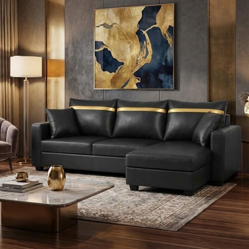 Image of FURNY Arossa 4 Seater Leatherette RHS L Shape Sofa Set (Black) Premium Finish| Durable Comfort | Ideal for Living Room