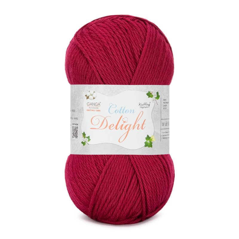 Image of Ganga Acrowools Cotton Delight, Dk Weight Cotton Yarn, Oekotex Class L Certified 100G, 169M, Pack of 1 Ball - 100gm Each, Shade No. - COD101 Magenta