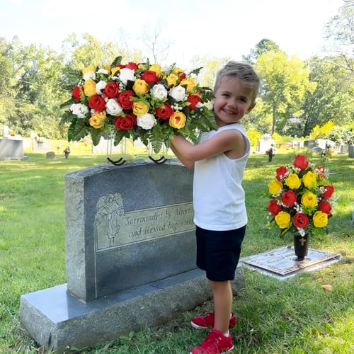 Artificial Cemetery Flowers Saddle Grave Memorial Rose Flowers Saddle for Cemetery Headstones Gravesites Decoration (White&Red&Yellow) image 7