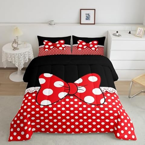 Homewish Bowknot Comforter Set Full Size,White Dots Bedding Set 3pcs for Kids Teens Girls Boys Room Decor,Romantic Princess Style Quilt Set Red and Black Duvet Insert with 2 Pillowcases Cover
