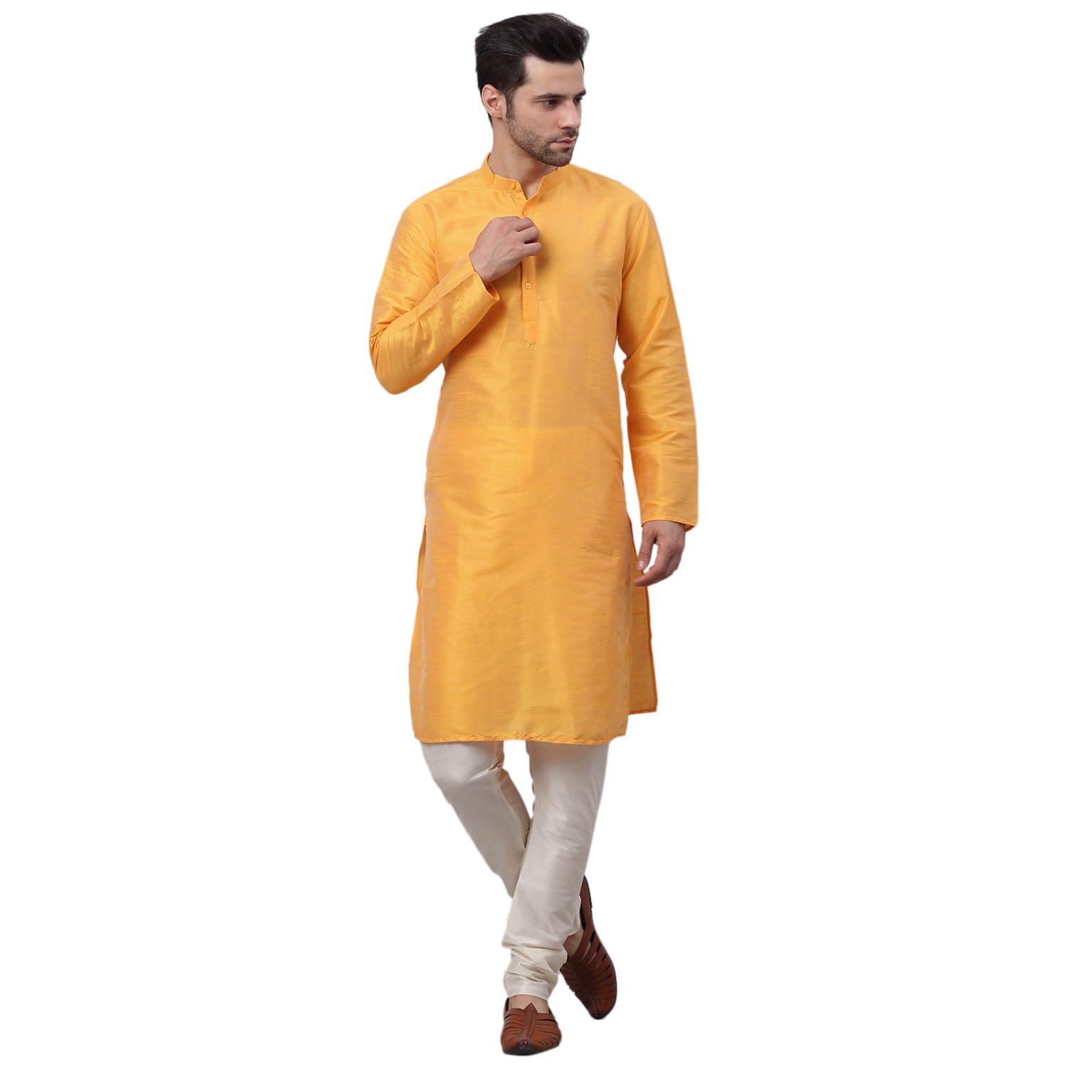 Jompers Men's Solid Dupion Silk Kurta Pyjama Set (Yellow, M)