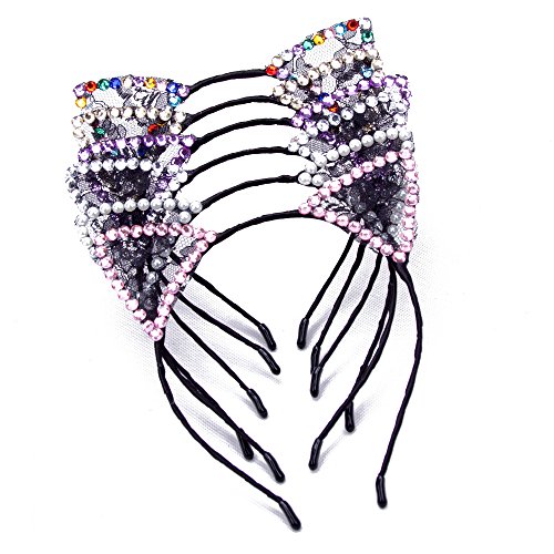 Glitter Cat Ears Headbands for Girl – AWAYTR 6Pcs Rhinestone Kitty Cats Hair Hoop Lace Cat Ears Hairband Hair Accessories for Girls (6PC)