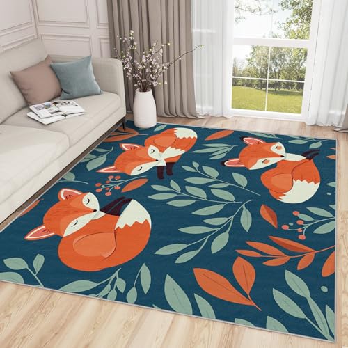 SherAvant Fox Rug for Classroom - 2x3 Rug - Fox Rug - Cartoon Woodland Animal Leaf Area Rug - Kids Nursery Baby Playroom Rugs - Cute Forest Animal Carpet - Fox Home Decor Gifts