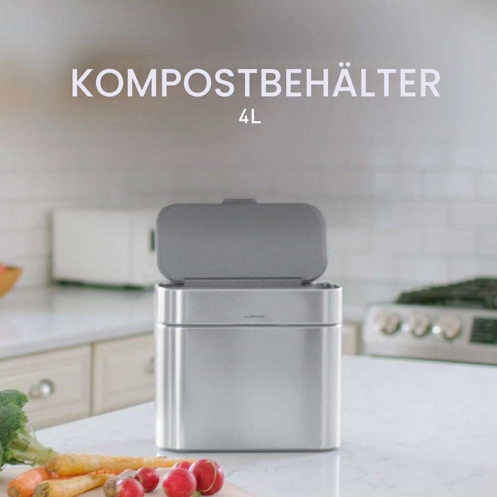simplehuman CW1645 4 Liter, Kompost-Caddy, Komposteimer für Küche mit Deckel, gebürsteter Stahl, 5 Jahre Garantie