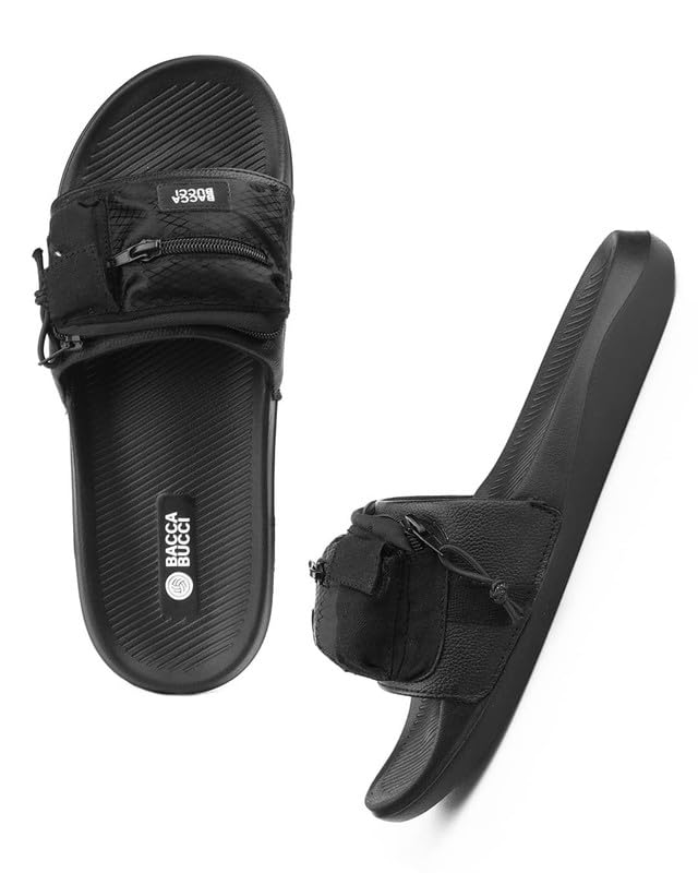 Image of Bacca Bucci Utility Slide for Men | Dual Pocket Slides with Zipper & Velcro Closure | Cushioned EVA Footbed | Casual & Outdoor Slippers