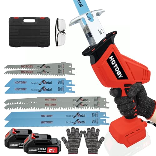 Image of Reciprocating Saw, Cordless, Electric Reciprocating Saw with 2 Batteries, Includeds 8 Blades Kit, Tool-free Blade Change, Variable Speed, Multi-Purpose, For DIY Wood Metal PVC Cutting (Bright Red)