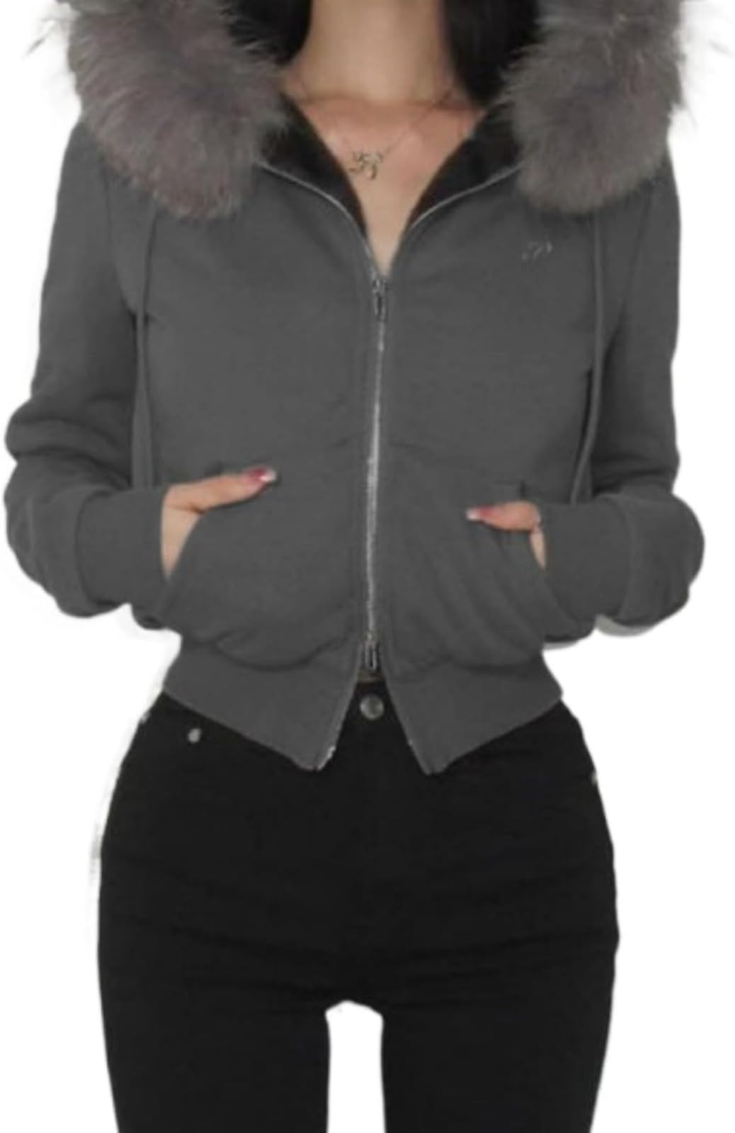 FENXIXIONE Faux Fur Trim Camo Hoodies for Women, Y2k Long Sleeve Cropped Sweatshirt, Zip Up Jacket with Fur Hood (M,Grey)