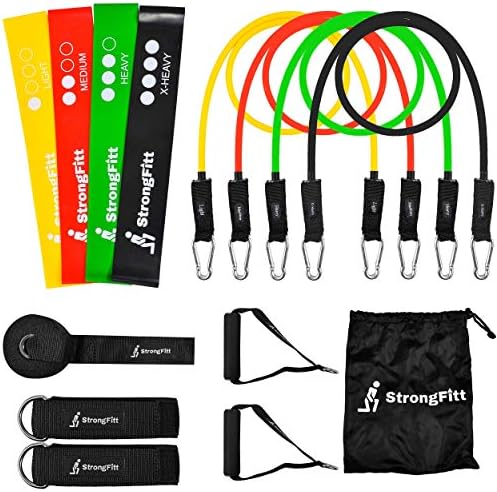 StrongFitt - Multi Resistance Bands Set - Heavy Exercise Bands - Enjoyable Fitness Bands - Workout Bands - Rehab Bands - with Door Anchor - Handles - Ankle Strap - Resistance Loop Bands for Gymnastics