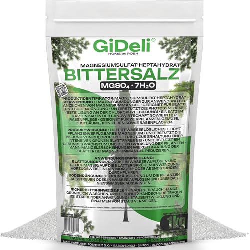 GiDeli Bittersalz Dünger 1 kg - Magnesiumsulfat als Pflanzendünger - Granulierter Gartendünger für Koniferen Hecken Rasen Blumen Obst und Gemüse - Sofort Wirksam