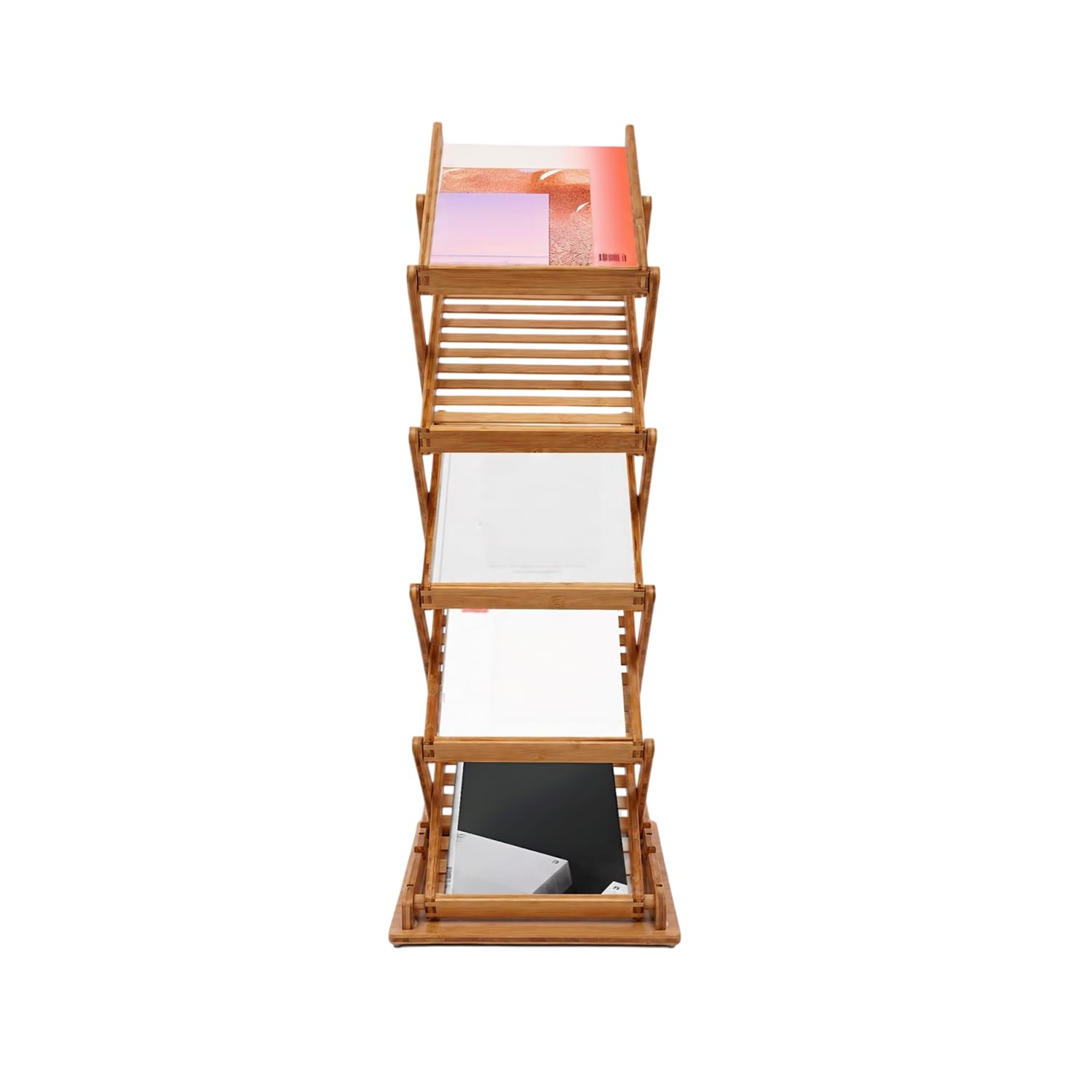 Foldable Bamboo Magazine Rack Floor Stand, 5 Pockets A4 Display Holder