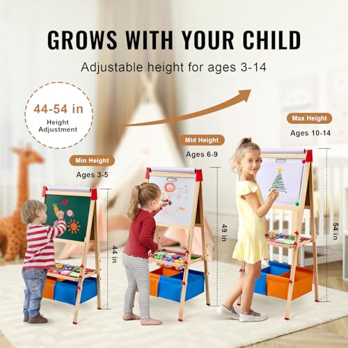 Image of VEVOR Art Easel for Kids, 3-in-1 Wooden Double-Sided Kid's Art Easel with Magnetic Whiteboard, Chalkboard, Paper Roll, Adjustable Standing Drawing Board with Painting Accessories, Storage for Boy Girl