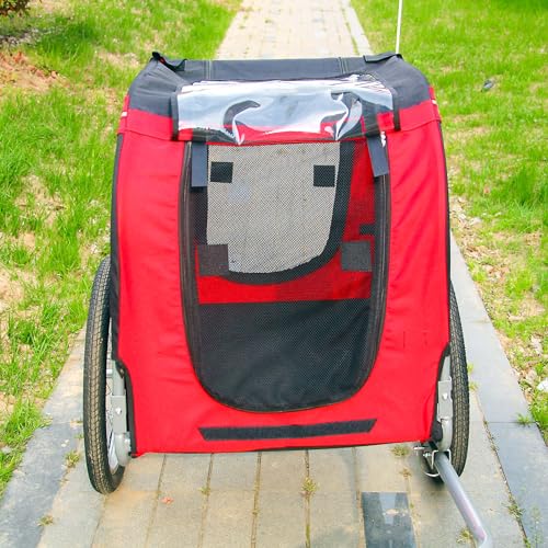 Wiltec Hunde Fahrradanhänger 220x700x78cm rot-schwarz mit Sicherheitsdrehkupplung, Lastenanhänger Fahrrad mit Fliegengitter & Regenschutz