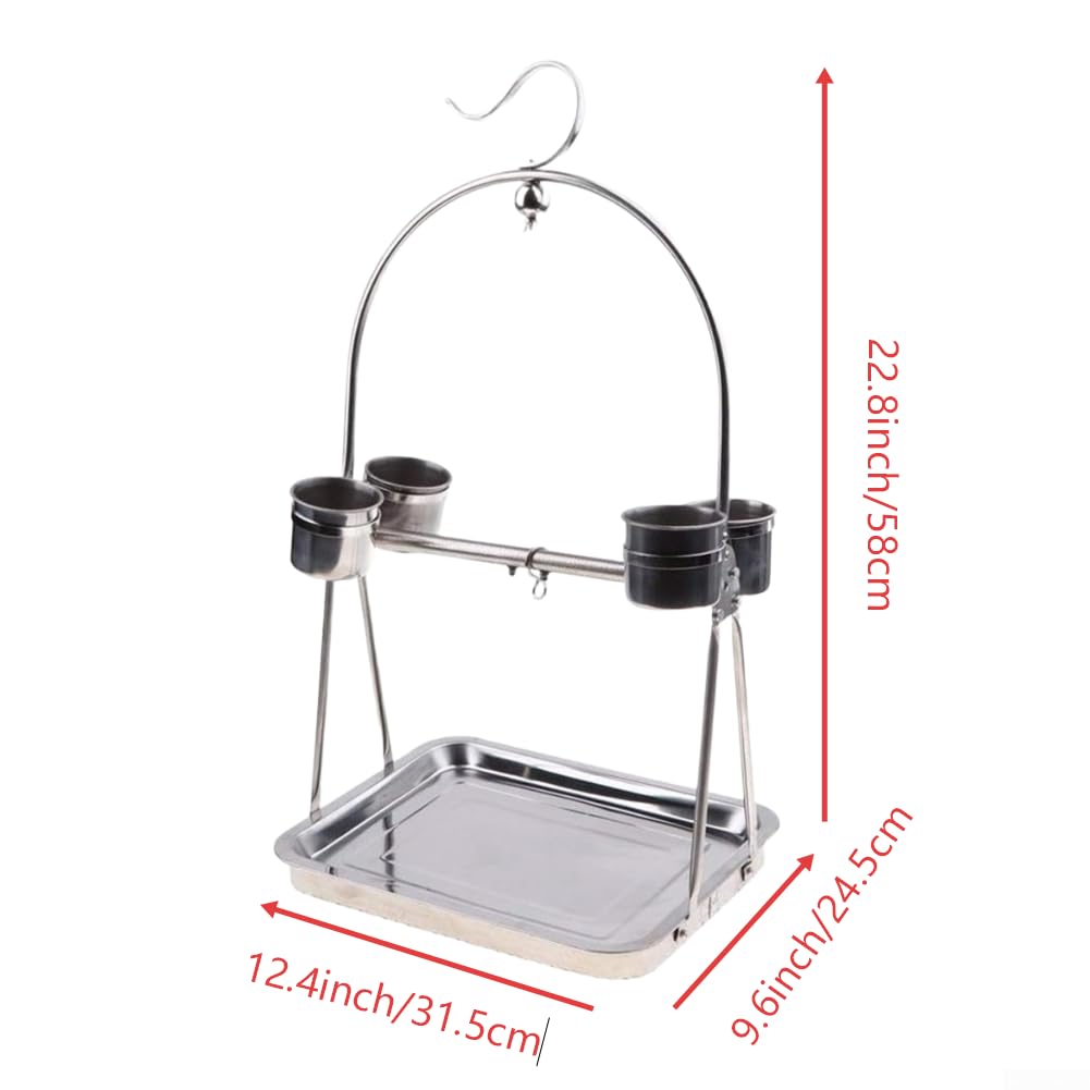 Vogelstange aus Edelstahl für kleine, mittelgroße Vögel inklusive drehbarem Haken und Easy Clean Tray System (A)
