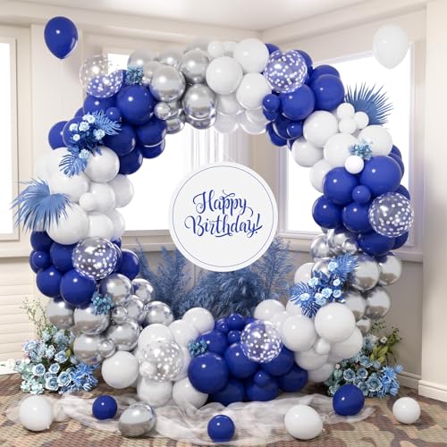 Navy Blue Balloon Arch Kit, 140 Pcs Night Blue Silver White Latex Balloon Garland Set with Metallic Silver Confetti Balloons for Men Women Birthday Graduation Christening Anniversary Party Decoration