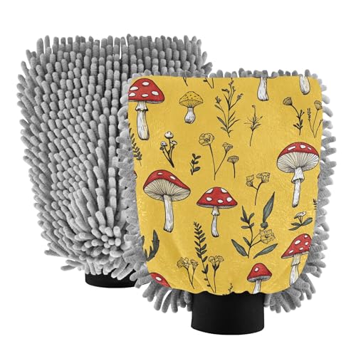 Red Mushrooms Yellow Wash Mitt Microfiber 11.8'' Car Washing Gloves Scratch Free Detailing Clean Rag for Hand Brush Cleaning