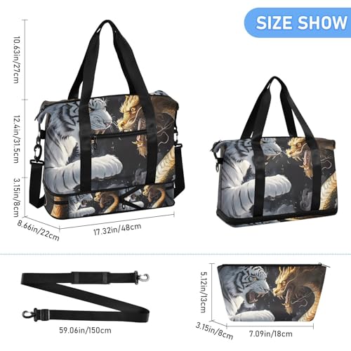 ALAZA Sports Duffel Bags with Toiletry Bag Set,Tiger Dragon Travel Duffel Bags Multi Pockets Weekend Bag3