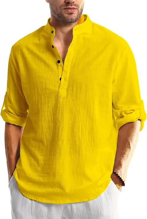 Image of Men's Full Sleeve Beige Color Cotton Blend Mandarin Slim Fit Shirt Style Kurta for Men and Boys