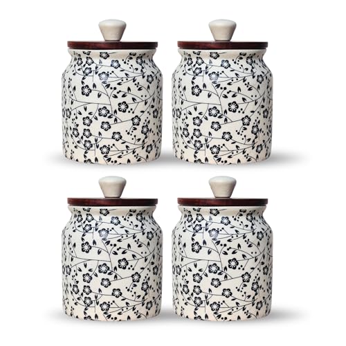 Image of Vistas 'Heritage Black' Airtight 420ml Set of 4 Ceramic Jar for Kitchen Storage | Handcrafted Ceramic Barni with Wooden Lid | Multipurpose Pickle, Spice & Salt Container