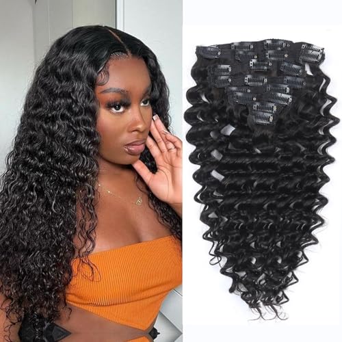 Deep Wave Clip in Hair Extensions Real Human Hair 14 Inch Deep Curly Clip ins for Women Invisible Seamless Remy Human Hair Clips in Extensions 8pcs 100g/3.5oz 20 Clips Double Weft Natural Black